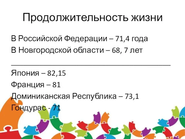 Продолжительность жизни В Российской Федерации – 71,4 года В Новгородской области – 68,