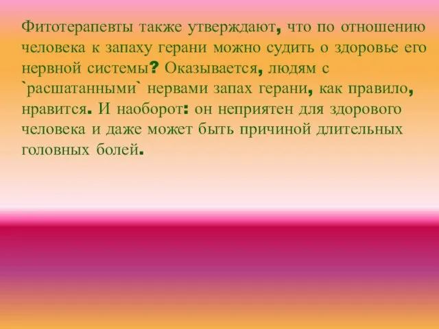 Фитотерапевты также утверждают, что по отношению человека к запаху герани