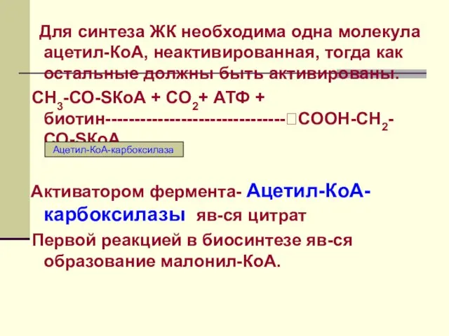 Для синтеза ЖК необходима одна молекула ацетил-КоА, неактивированная, тогда как