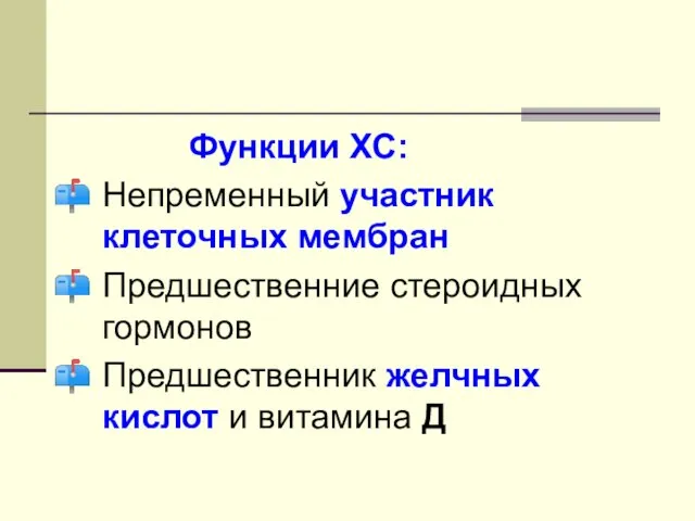 Функции ХС: Непременный участник клеточных мембран Предшественние стероидных гормонов Предшественник желчных кислот и витамина Д