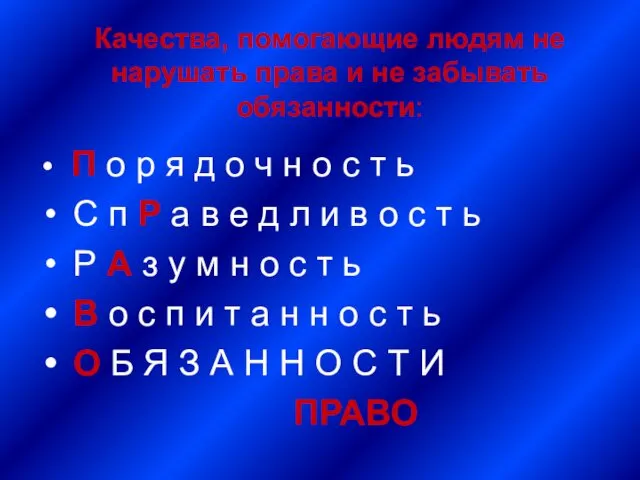 Качества, помогающие людям не нарушать права и не забывать обязанности: