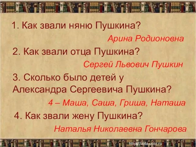 * 1. Как звали няню Пушкина? Арина Родионовна 2. Как