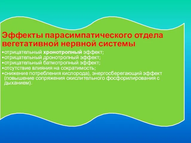 Эффекты парасимпатического отдела вегетативной нервной системы отрицательный хронотропный эффект; отрицательный