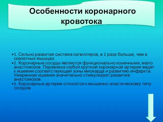 Особенности коронарного кровотока 1. Сильно развитая система капилляров, в 2