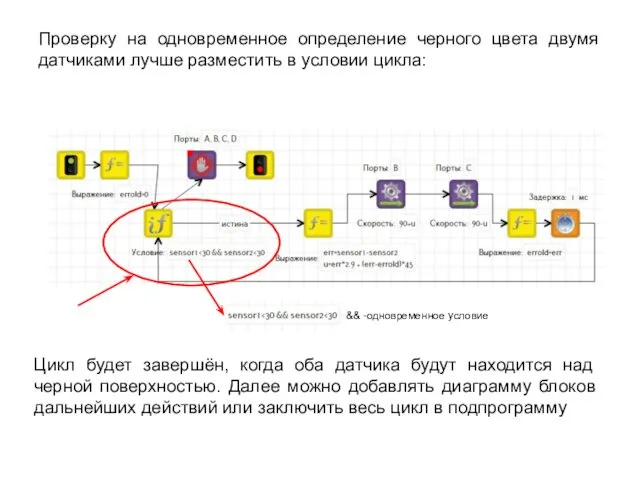 Проверку на одновременное определение черного цвета двумя датчиками лучше разместить