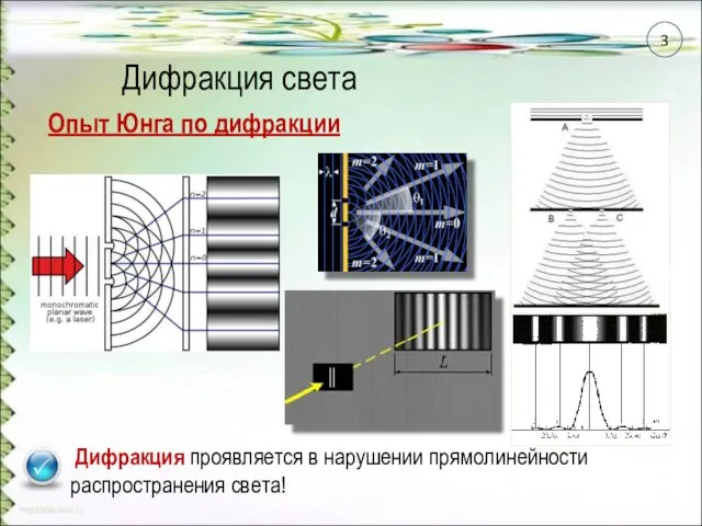 Опыт Юнга по дифракции Дифракция проявляется в нарушении прямолинейности распространения света! Дифракция света 3