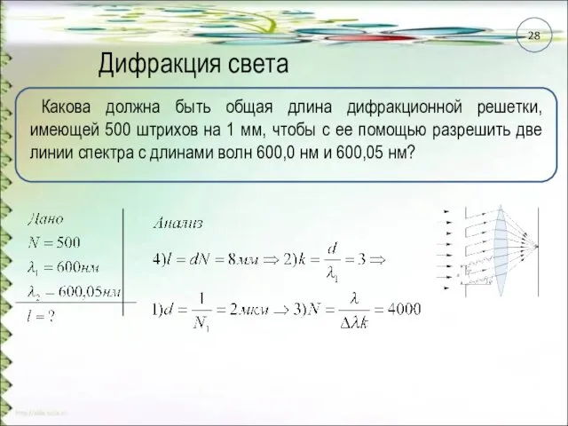 Дифракция света Какова должна быть общая длина дифракционной решетки, имеющей