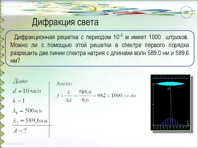 Дифракция света Дифракционная решетка с периодом 10-5 м имеет 1000