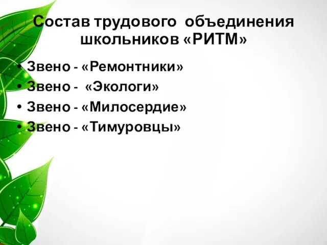 Состав трудового объединения школьников «РИТМ» Звено - «Ремонтники» Звено -