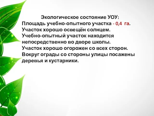 Экологическое состояние УОУ: Площадь учебно-опытного участка - 0,4 га. Участок