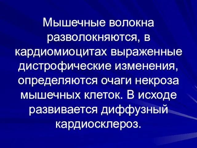 Мышечные волокна разволокняются, в кардиомиоцитах выраженные дистрофические изменения, определяются очаги