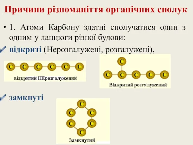 Причини різноманіття органічних сполук 1. Атоми Карбону здатні сполучатися один