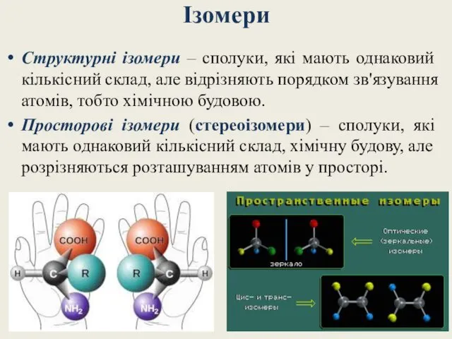 Ізомери Структурні ізомери – сполуки, які мають однаковий кількісний склад,