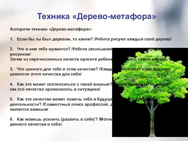 Техника «Дерево-метафора» Алгоритм техники «Дерево-метафора»: 1. Если бы ты был