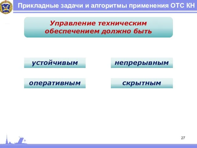 Прикладные задачи и алгоритмы применения ОТС КН Управление техническим обеспечением должно быть устойчивым непрерывным оперативным скрытным