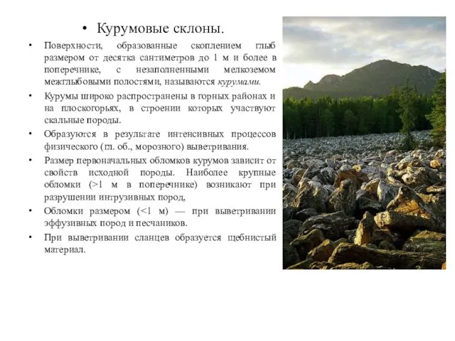 Курумовые склоны. Поверхности, образованные скоплением глыб размером от десятка сантиметров