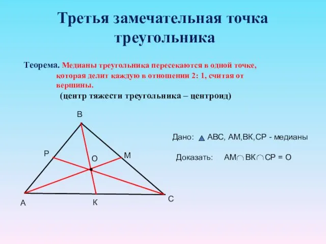 Третья замечательная точка треугольника Теорема. Медианы треугольника пересекаются в одной