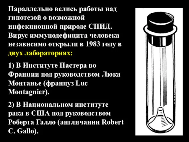 Параллельно велись работы над гипотезой о возможной инфекционной природе СПИД.