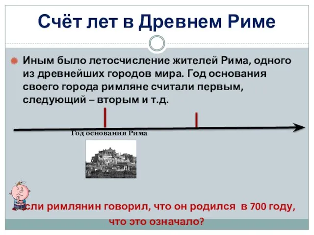 Счёт лет в Древнем Риме Иным было летосчисление жителей Рима, одного из древнейших