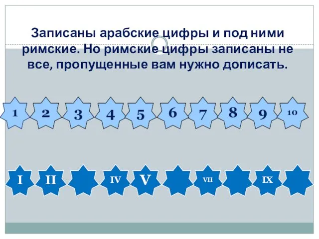 Записаны арабские цифры и под ними римские. Но римские цифры записаны не все,