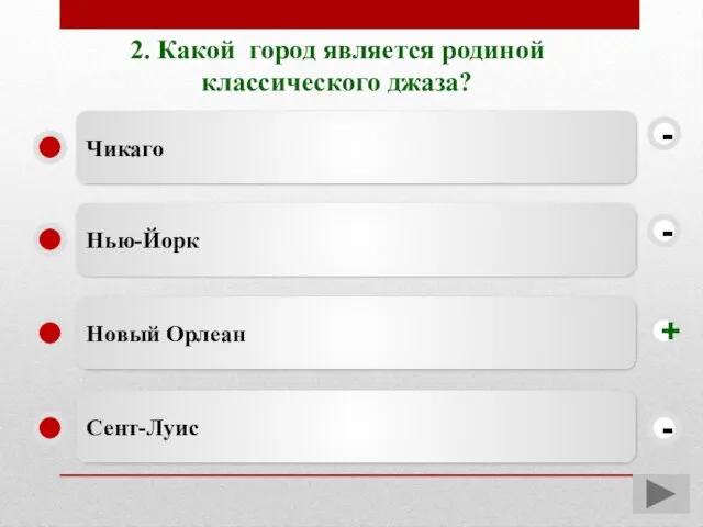 2. Какой город является родиной классического джаза? Новый Орлеан Нью-Йорк Сент-Луис Чикаго - - + -