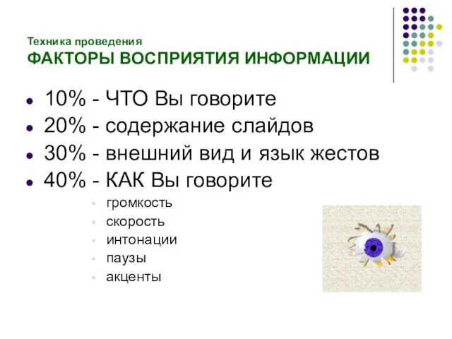 Техника проведения ФАКТОРЫ ВОСПРИЯТИЯ ИНФОРМАЦИИ 10% - ЧТО Вы говорите