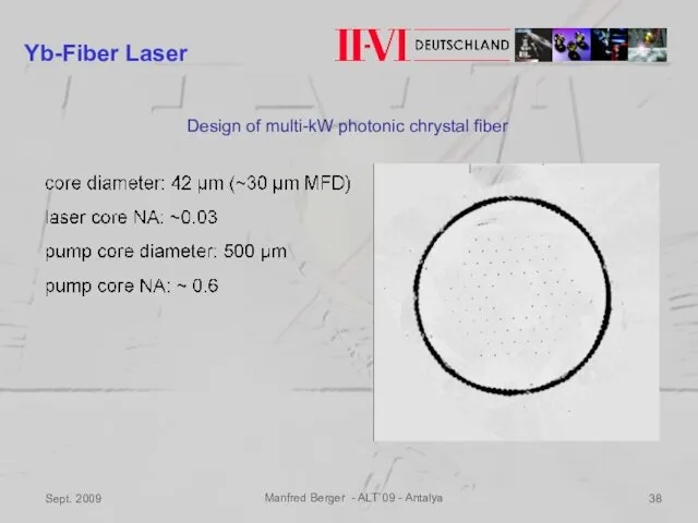 Sept. 2009 Manfred Berger - ALT`09 - Antalya Design of multi-kW photonic chrystal fiber Yb-Fiber Laser