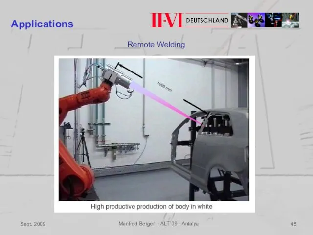 Sept. 2009 Manfred Berger - ALT`09 - Antalya Applications Remote Welding