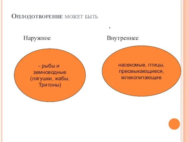 Оплодотворение может быть Наружное Внутреннее насекомые, птицы, пресмыкающиеся, млекопитающие рыбы и земноводные (лягушки, жабы, Тритоны)