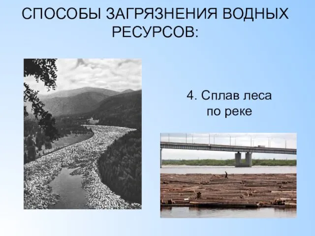 СПОСОБЫ ЗАГРЯЗНЕНИЯ ВОДНЫХ РЕСУРСОВ: 4. Сплав леса по реке