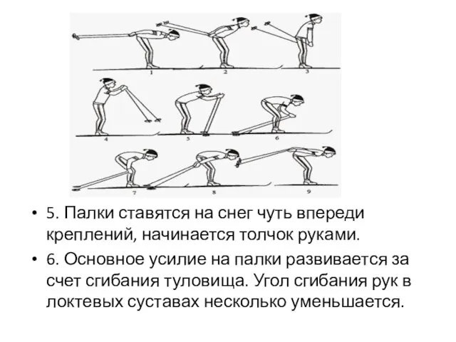 5. Палки ставятся на снег чуть впереди креплений, начинается толчок