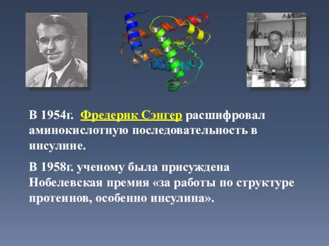 В 1954г. Фредерик Сэнгер расшифровал аминокислотную последовательность в инсулине. В