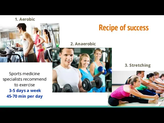 Recipe of success 1. Aerobic 2. Anaerobic 3. Stretching Sports medicine specialists recommend