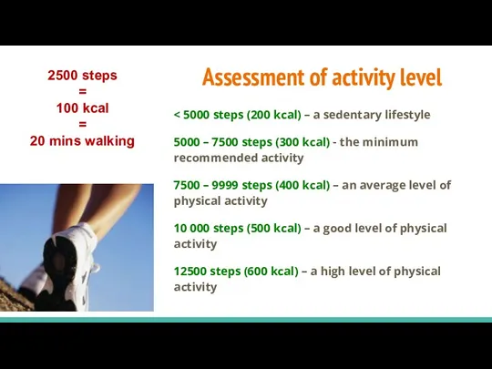 Assessment of activity level 5000 – 7500 steps (300 kcal) - the minimum