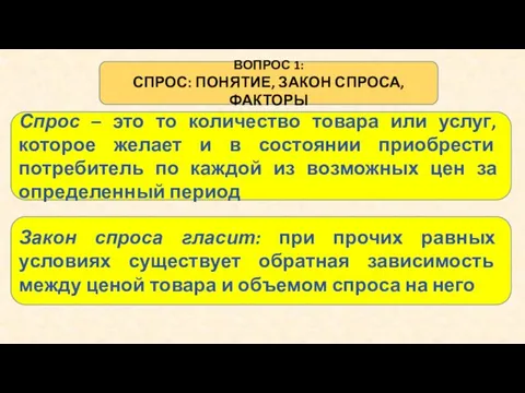 ВОПРОС 1: СПРОС: ПОНЯТИЕ, ЗАКОН СПРОСА, ФАКТОРЫ Спрос – это то количество товара