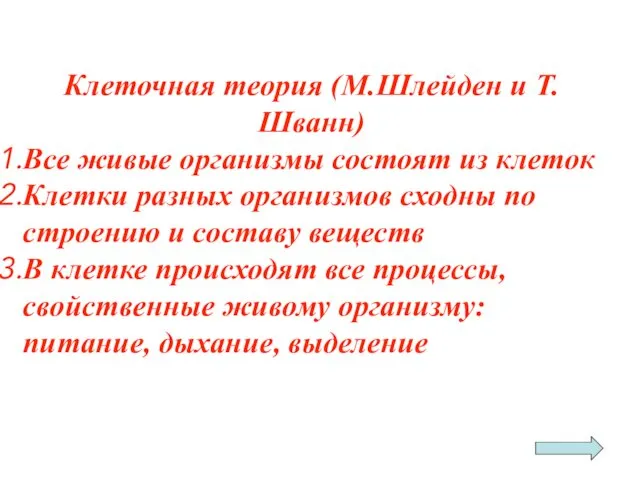 Клеточная теория (М.Шлейден и Т.Шванн) Все живые организмы состоят из