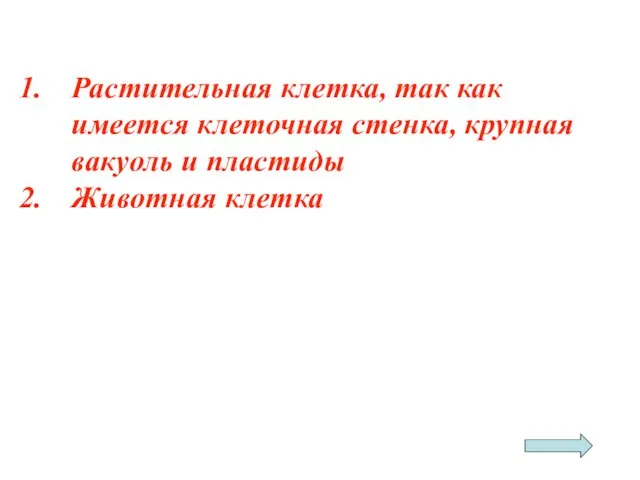 Растительная клетка, так как имеется клеточная стенка, крупная вакуоль и пластиды Животная клетка