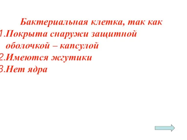 Бактериальная клетка, так как Покрыта снаружи защитной оболочкой – капсулой Имеются жгутики Нет ядра