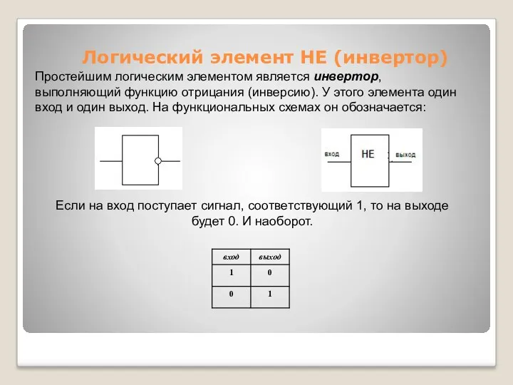 Логический элемент НЕ (инвертор) Простейшим логическим элементом является инвертор, выполняющий функцию отрицания (инверсию).