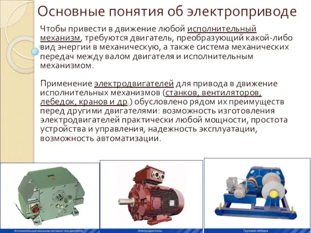 Основные понятия об электроприводе Чтобы привести в движение любой исполнительный