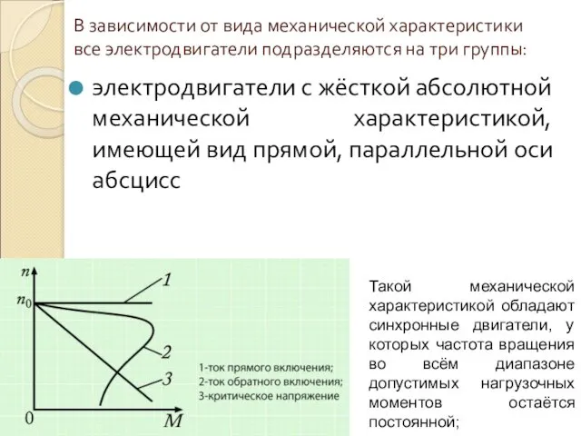 В зависимости от вида механической характеристики все электродвигатели подразделяются на