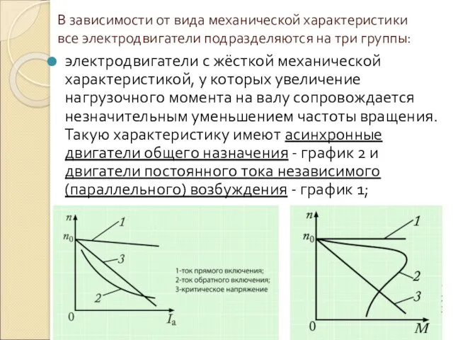 В зависимости от вида механической характеристики все электродвигатели подразделяются на