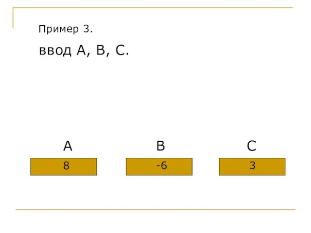 Пример 3. ввод А, В, С. А В С 8 -6 3