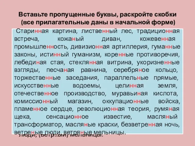 Вставьте пропущенные буквы, раскройте скобки (все прилагательные даны в начальной