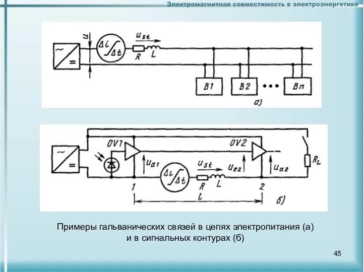 Примеры гальванических связей в цепях электропитания (а) и в сигнальных контурах (б)