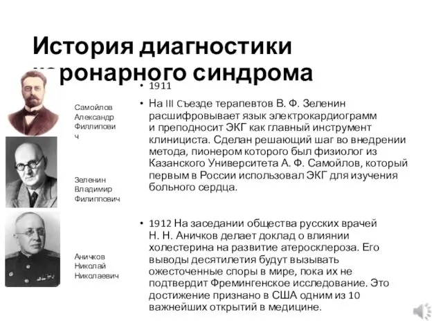 История диагностики коронарного синдрома 1911 На III Cъезде терапевтов В.