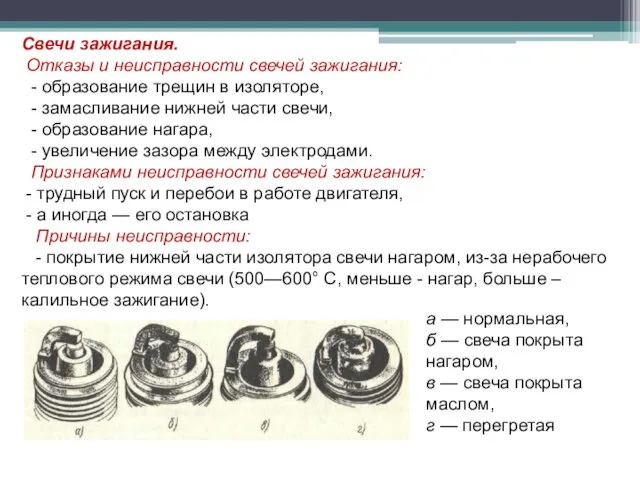 Свечи зажигания. Отказы и неисправности свечей зажигания: - образование трещин