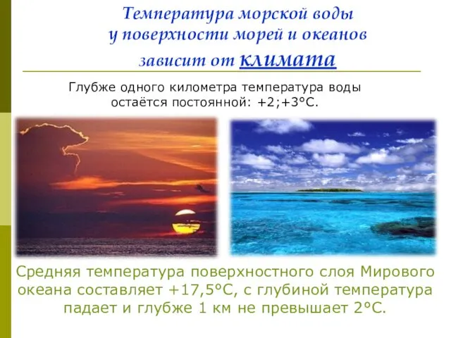 Средняя температура поверхностного слоя Мирового океана составляет +17,5°С, с глубиной температура падает и