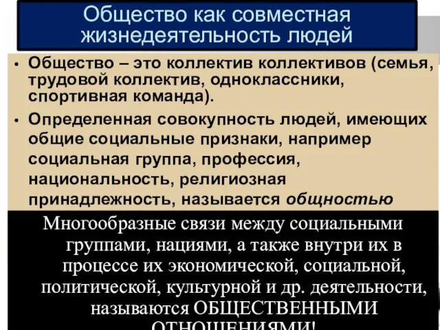 Общество как совместная жизнедеятельность людей Общество – это коллектив коллективов