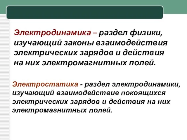 Электродинамика – раздел физики, изучающий законы взаимодействия электрических зарядов и